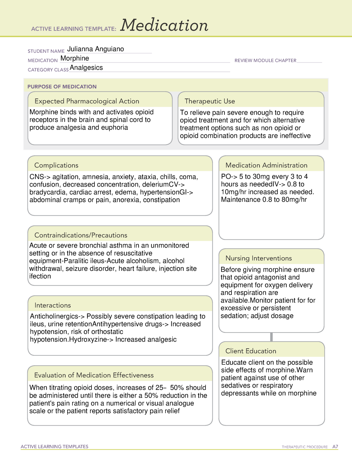 Morphine Medication Administration Template ATI ACTIVE LEARNING TEMPLATES THERAPEUTIC