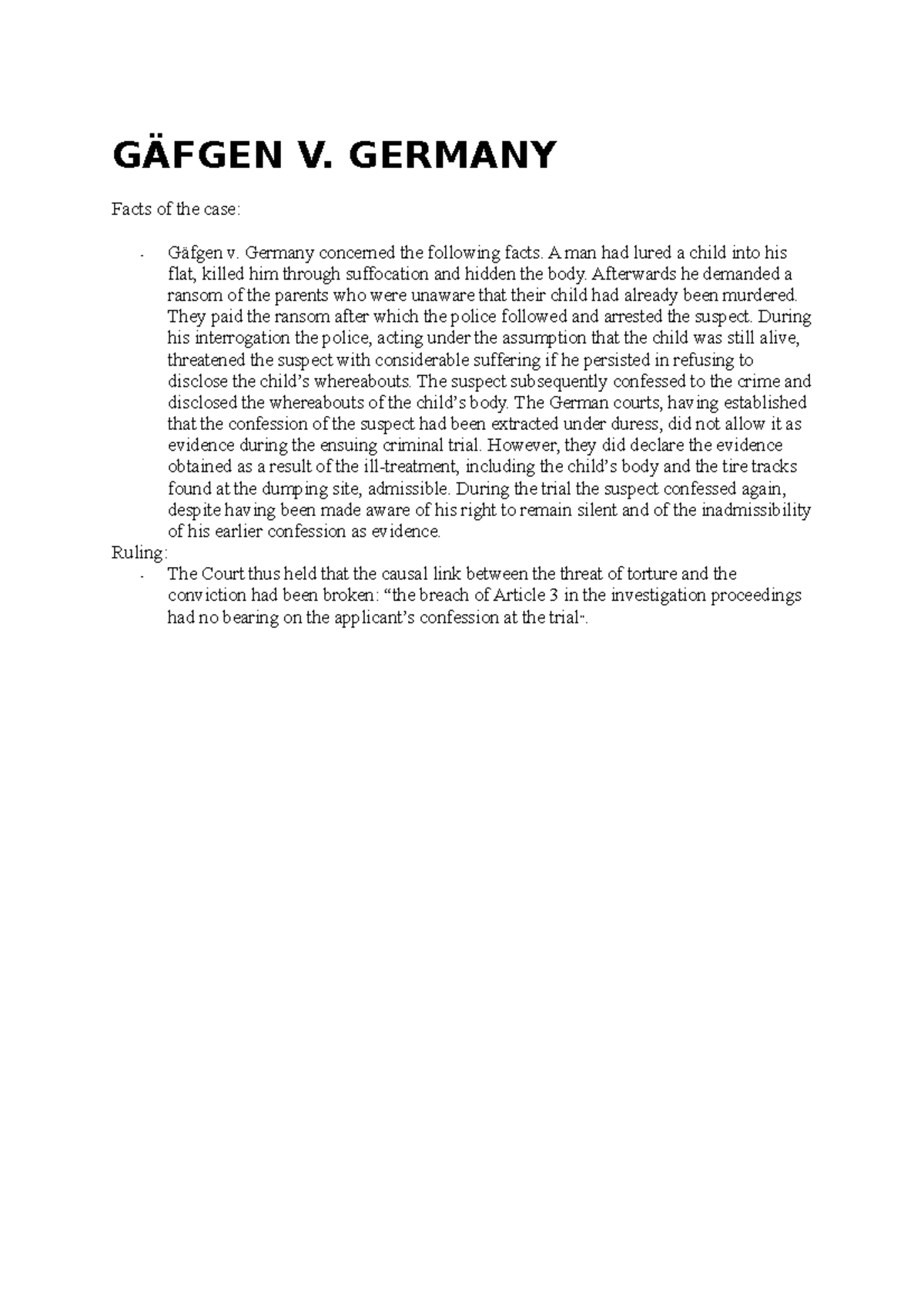 Gäfgen V Germany case law GÄFGEN V. GERMANY Facts of the case