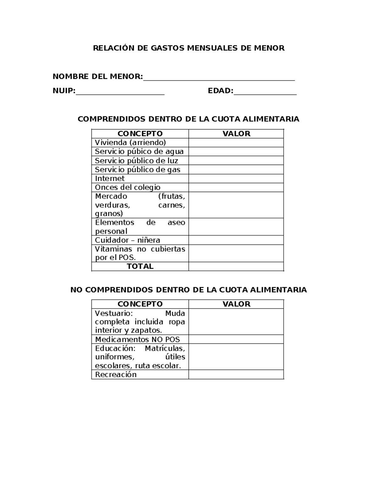 Relación DE Gastos Mensuales DE Menor - RELACIÓN DE GASTOS MENSUALES DE ...