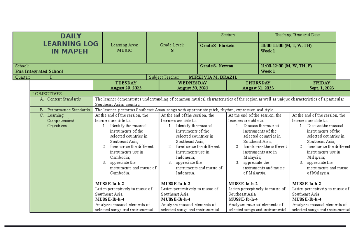 Week 1 - DLL - DAILY LEARNING LOG IN MAPEH Learning Area: MUSIC Grade ...