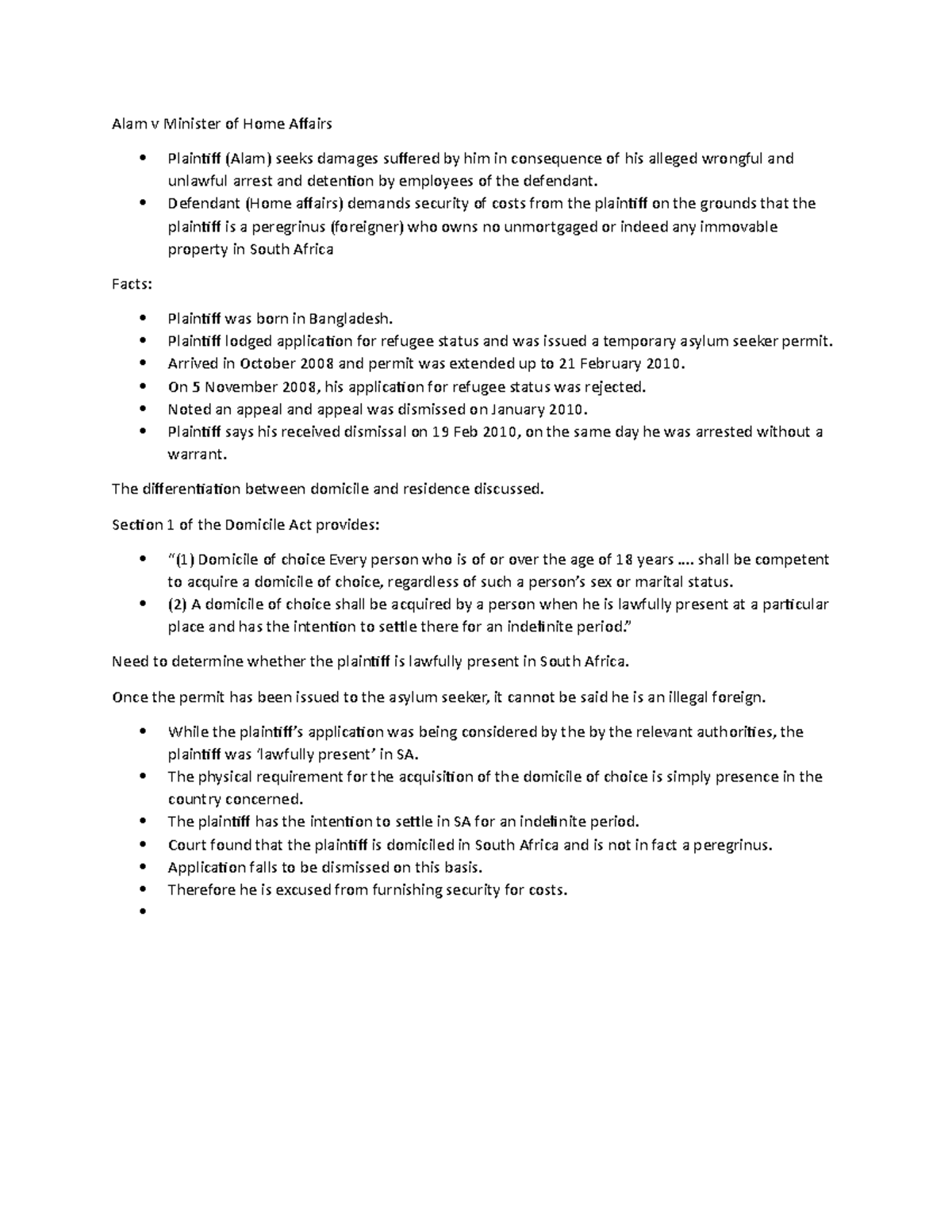 Alam v Minister of Home Affairs study notes - Alam v Minister of Home ...