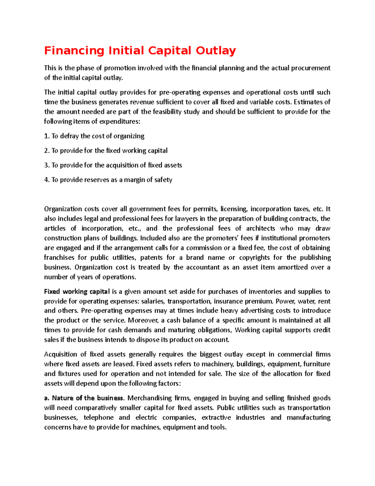 Financing Initial Capital Outlay - The initial capital outlay provides ...