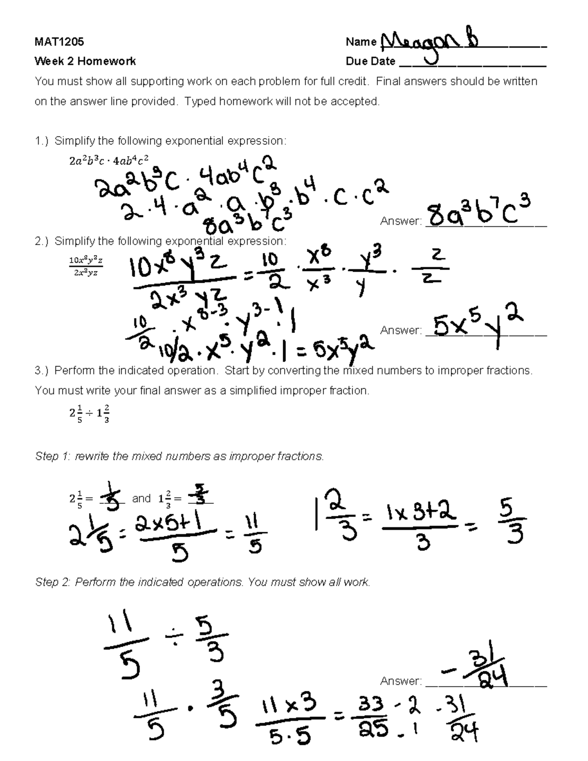 MAT1205+Week+2+Homework - MAT1205 Name __________________________ Week ...