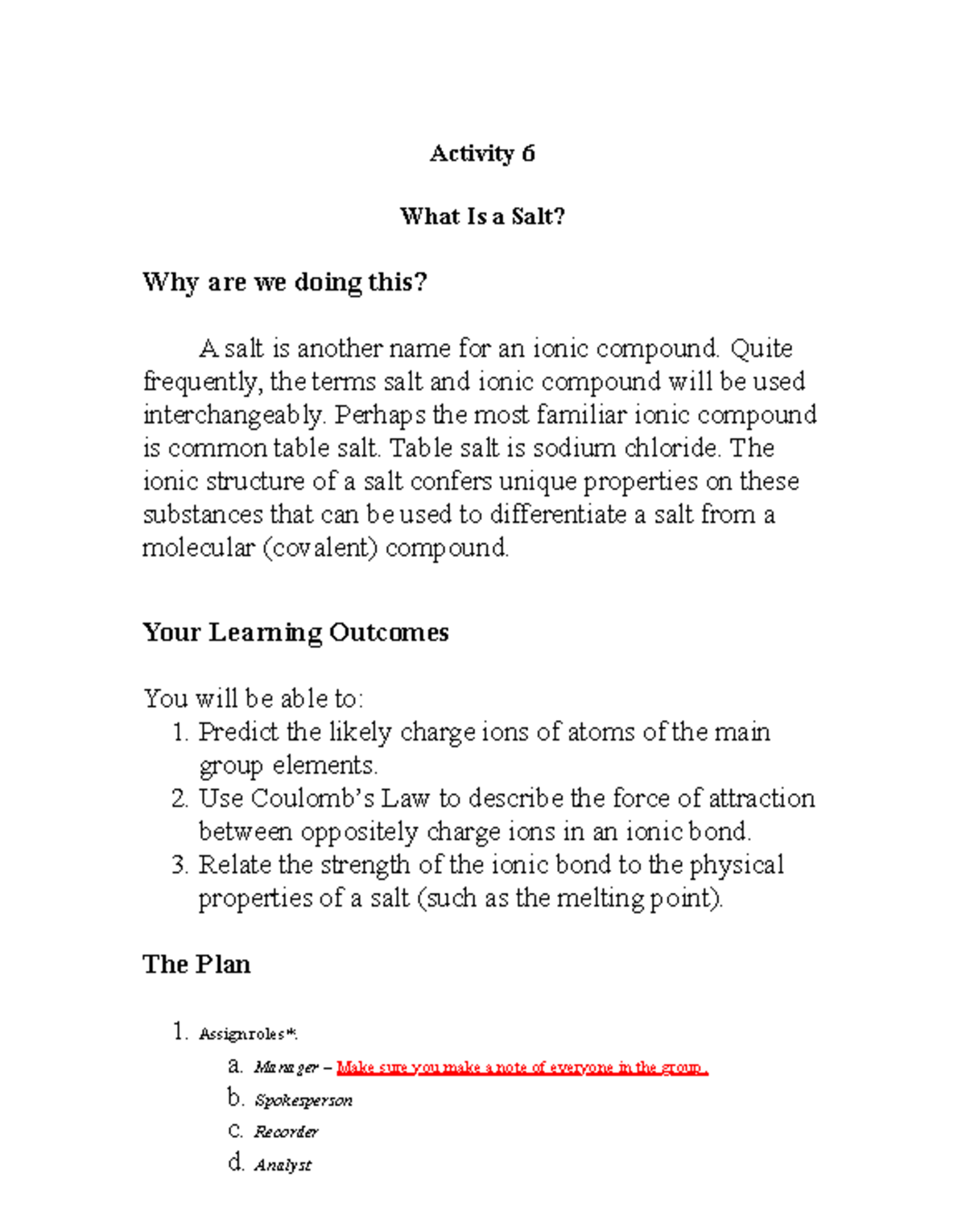 Activity 6 Salt - chem 6A discussion work - Activity 6 What Is a Salt ...
