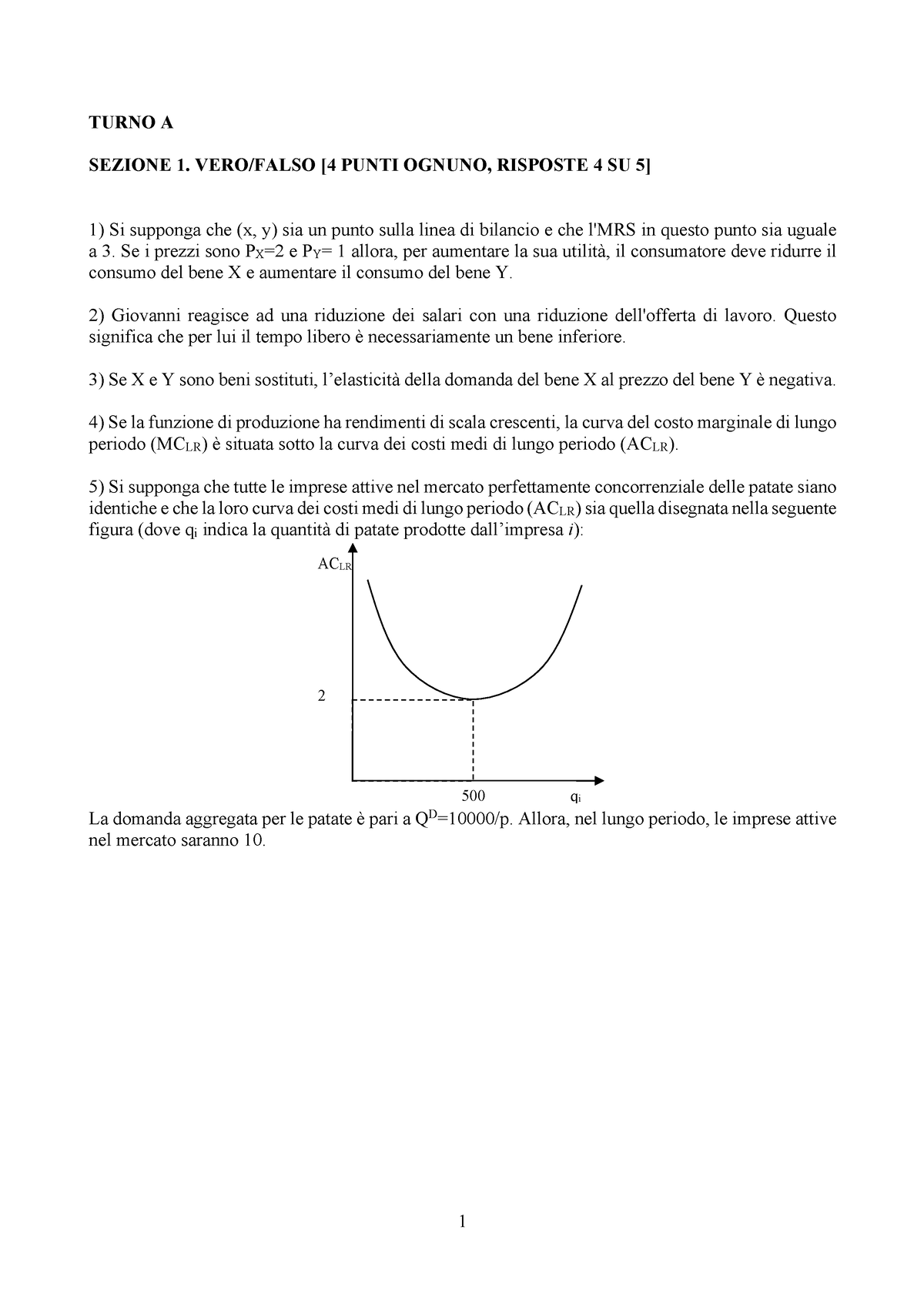 Prova Parziale Testo - TURNO A SEZIONE 1. VERO/FALSO [4 PUNTI OGNUNO ...