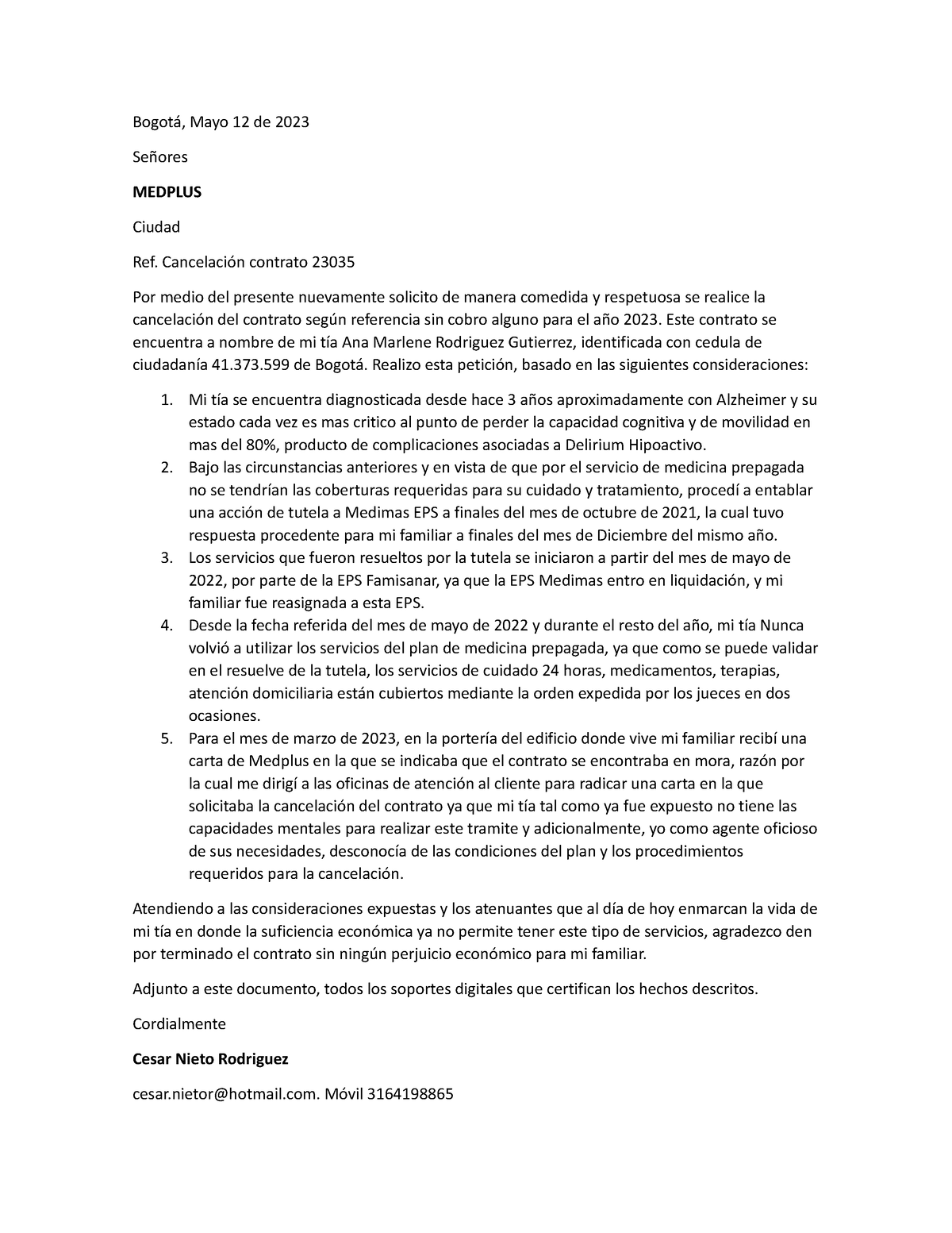 Carta medplus cancelación 2 - Bogotá, Mayo 12 de 2023 Señores MEDPLUS ...