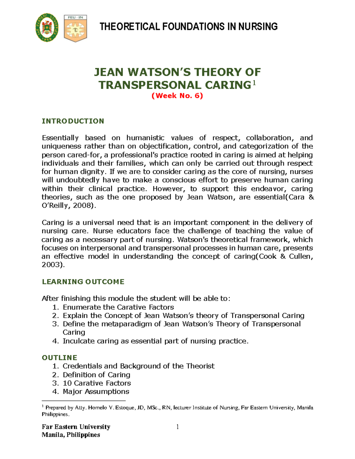 Jean Watson Nursing Theory - Far Eastern University 1 JEAN WATSON’S ...