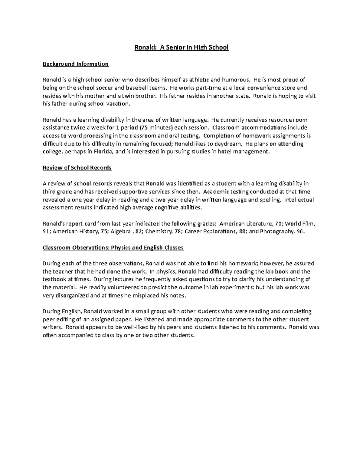 Ronald Revised - Case Study - Ronald: A Senior in High School ...