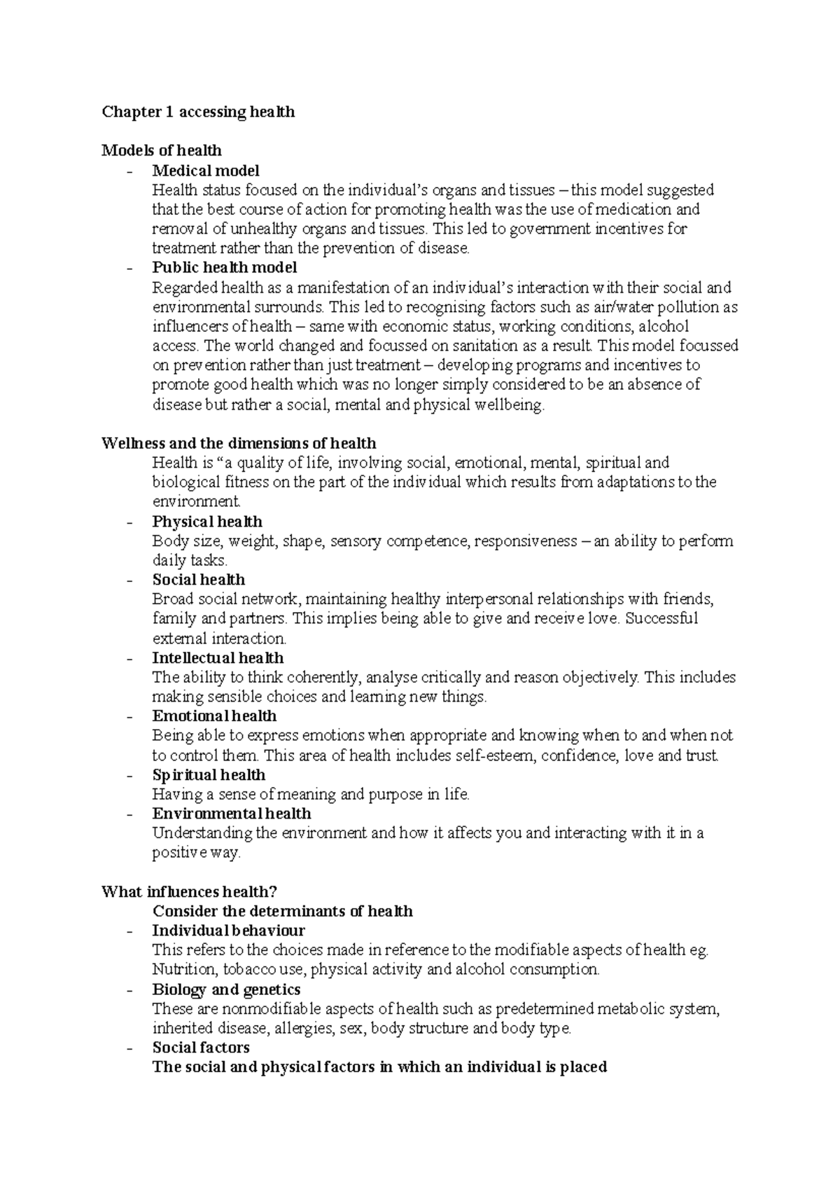 Chapter 1 accessing health chapter notes Chapter 1 accessing health