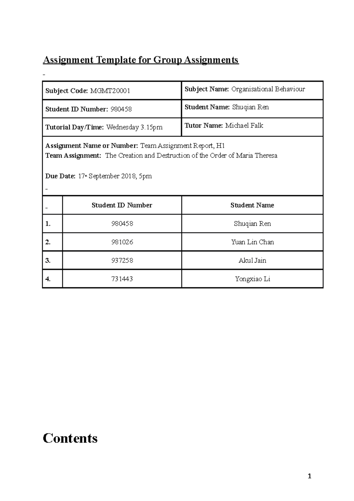 OB Team Report - Notes - Assignment Template for Group Assignments ...