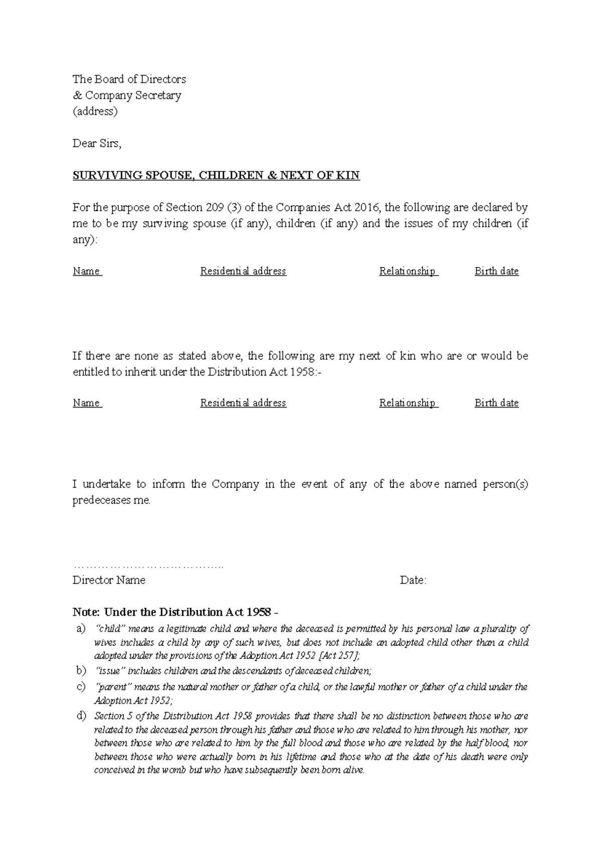 Declaration OF NEXT OF KIN OF SOLE Director - The Board of Directors ...