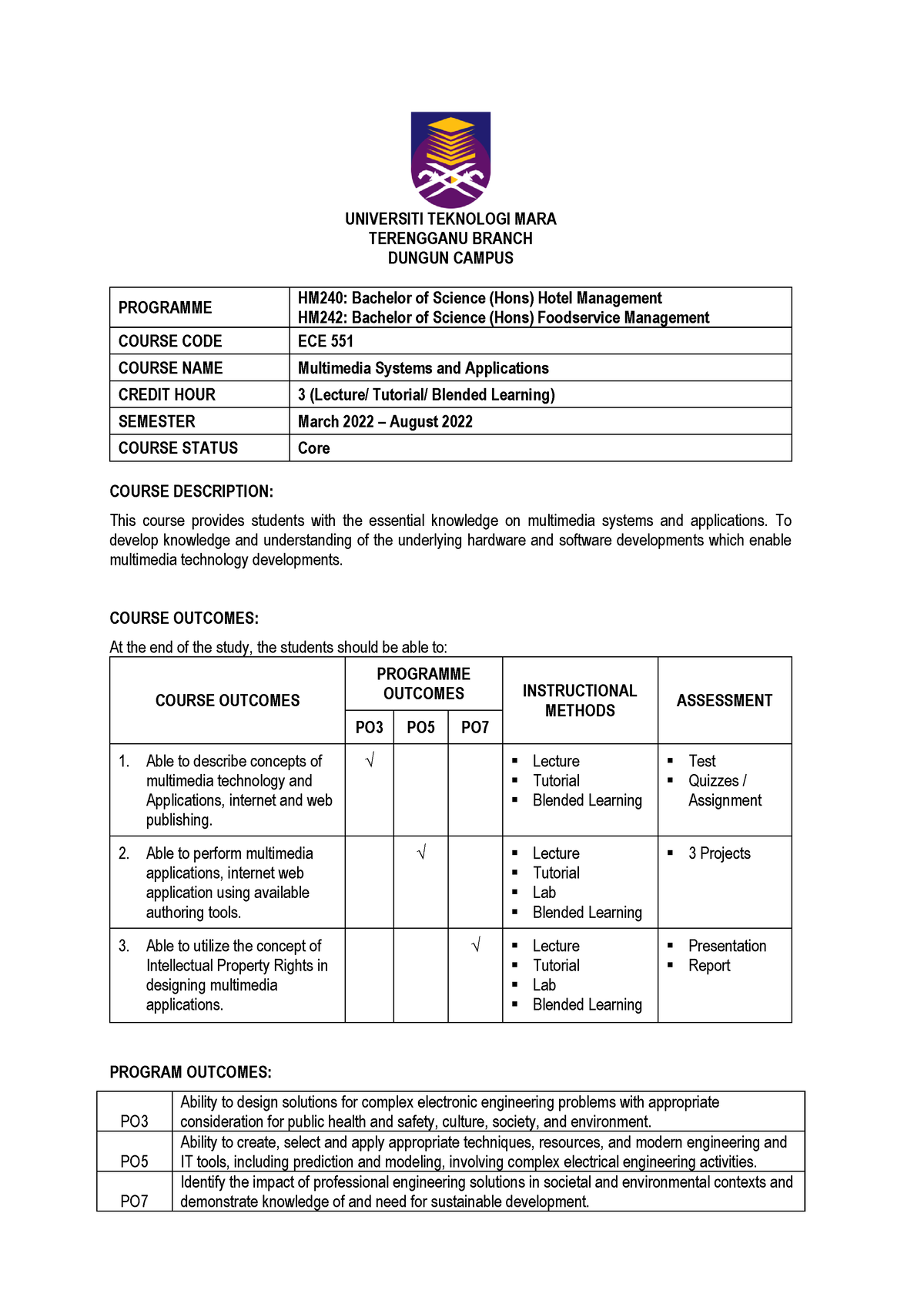 ECE551 Course Outline - UNIVERSITI TEKNOLOGI MARA TERENGGANU BRANCH ...