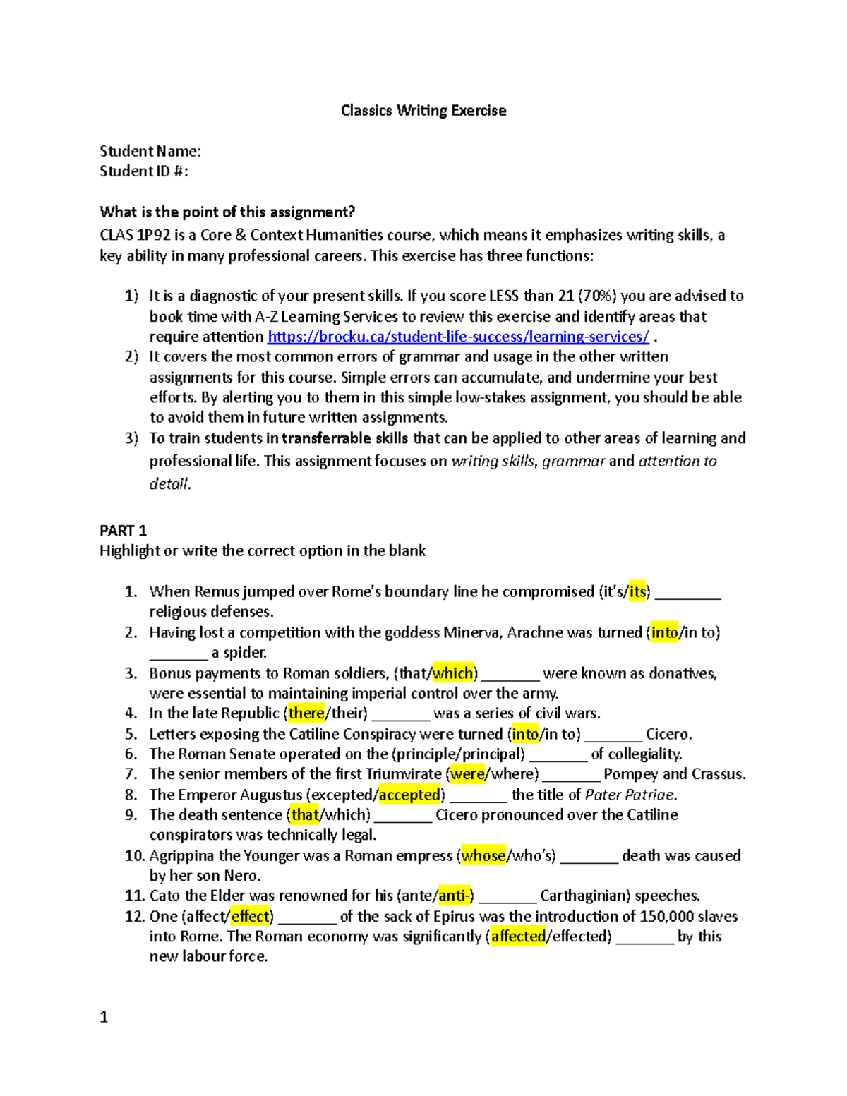Writing Exercise - Classics Writing Exercise Student Name: Student ID ...