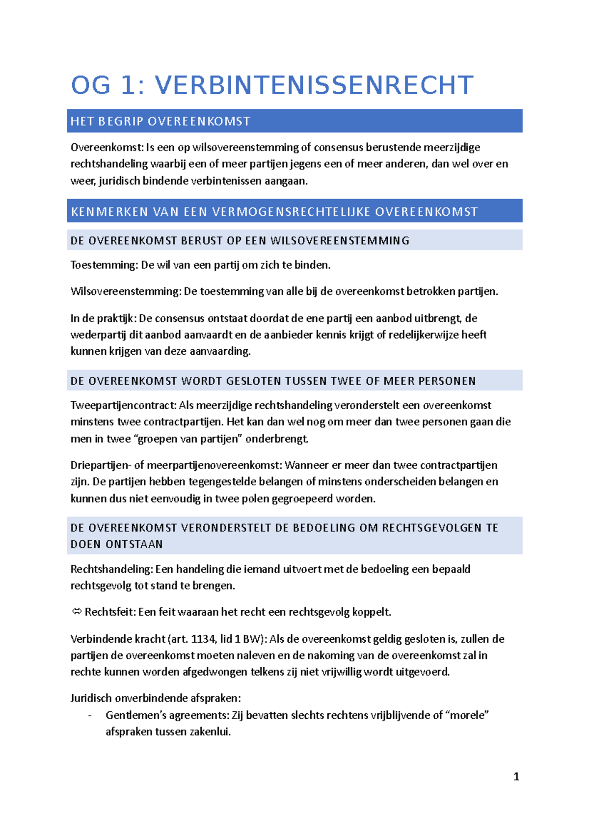 Samenvatting OG 1 - OG 1: VERBINTENISSENRECHT HET BEGRIP OVEREENKOMST ...