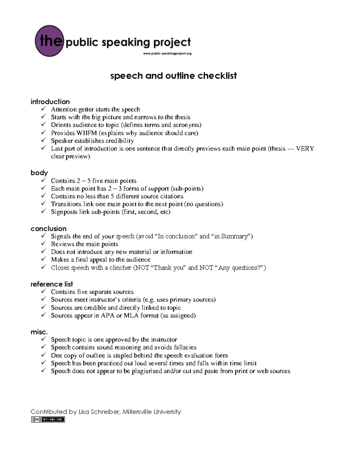 giving a speech checklist