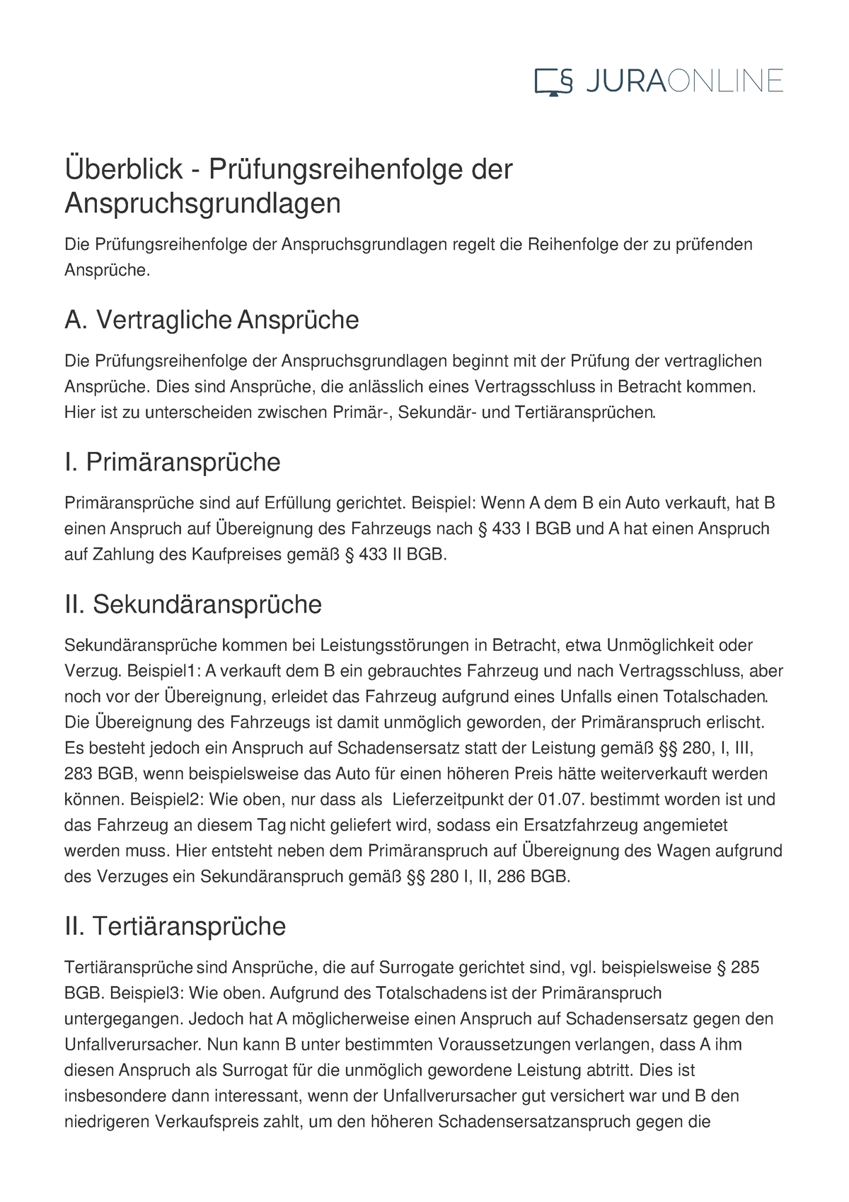 Prüfungsreihenfolge Der Anspruchsgrundlagen - Vertragliche Ansprüche I ...