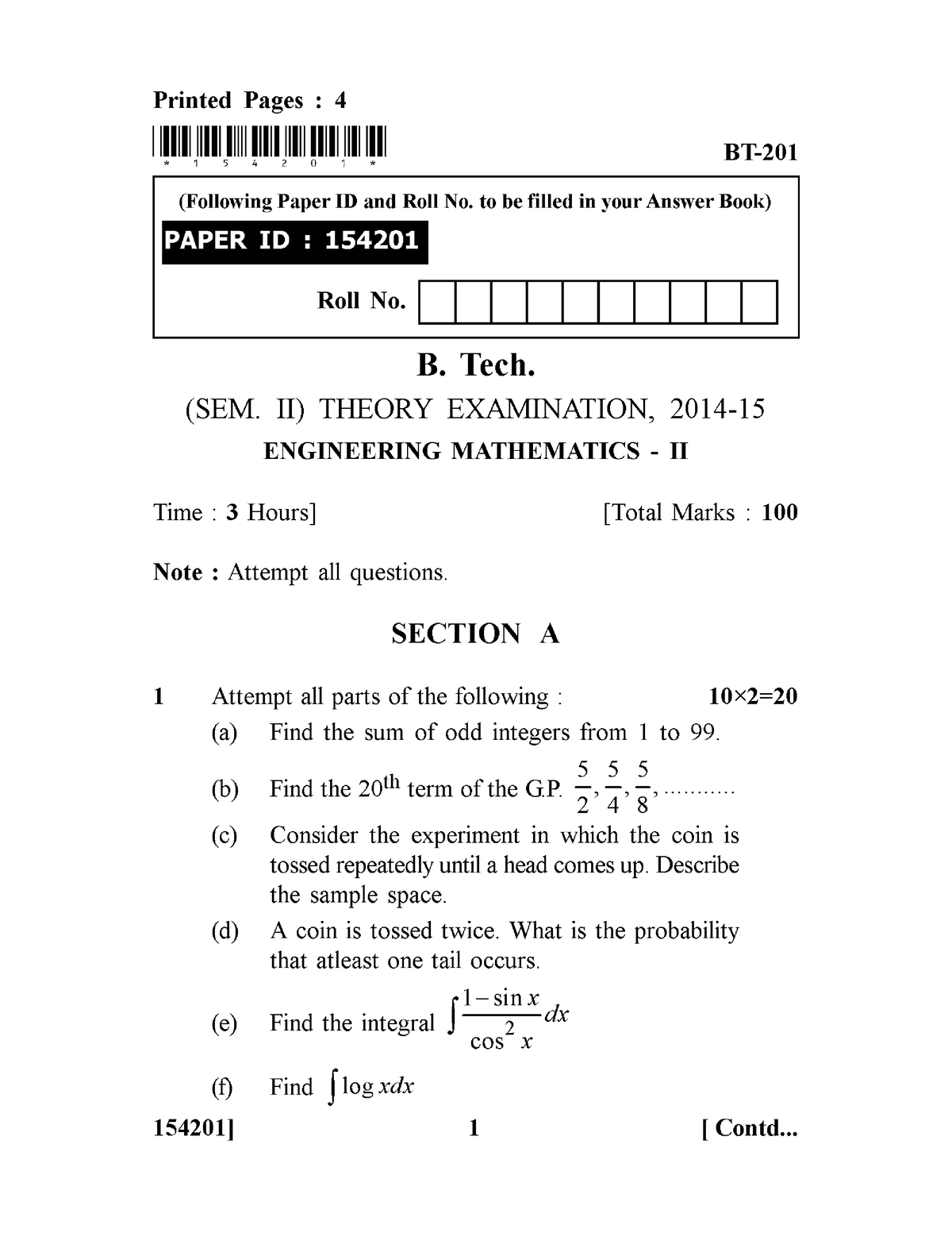 BT-201-154201 - Test Paper - B.tech - Studocu