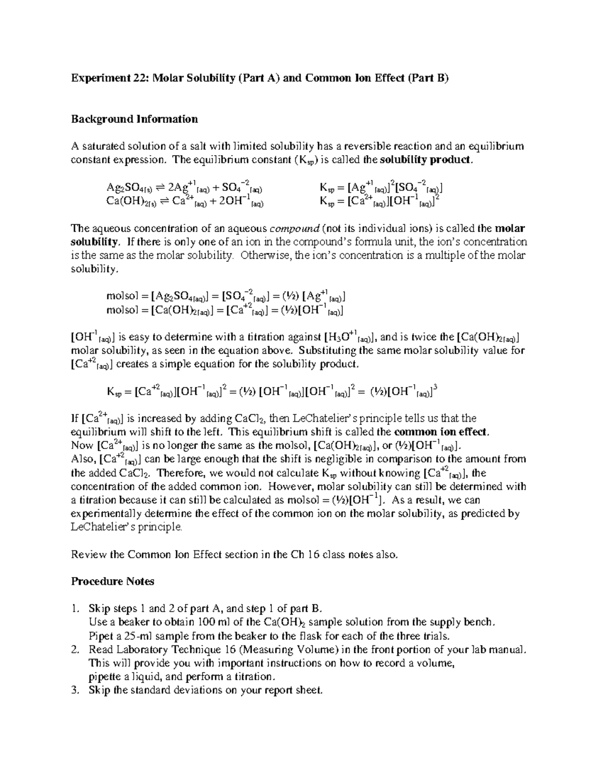Exp 22 Molar Solubility 10e - Experiment 22: Molar Solubility (Part A ...