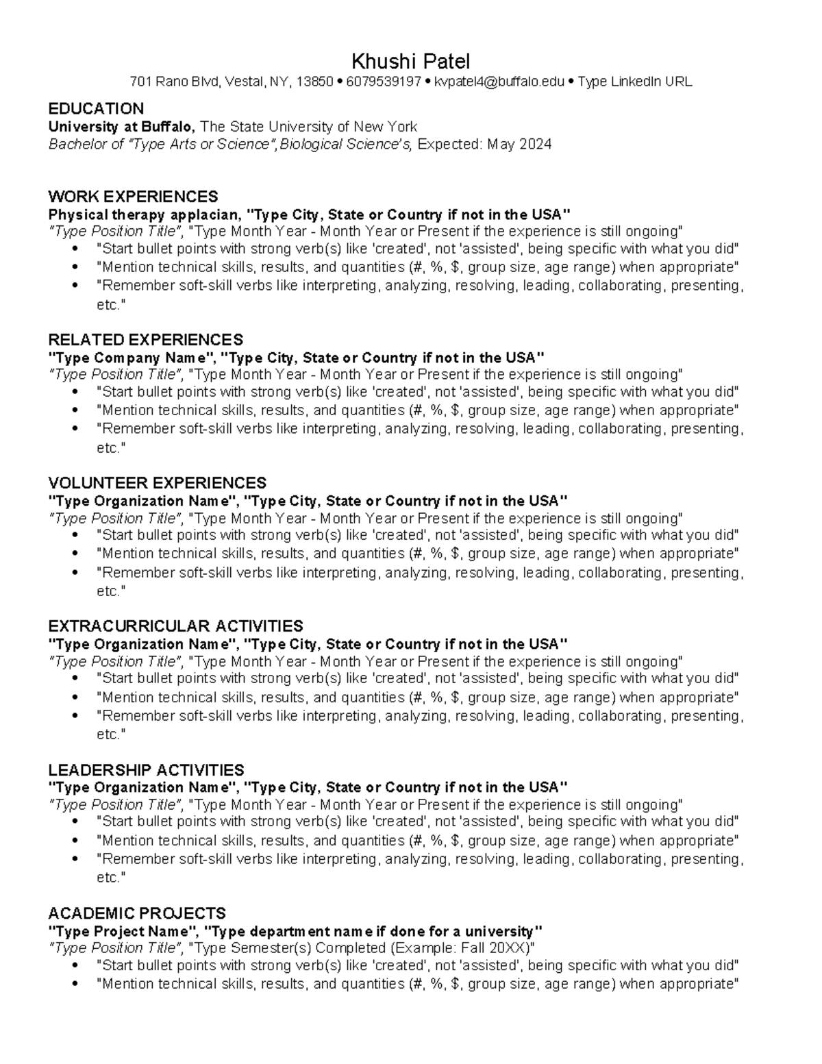 Resume-fillable-template - Khushi Patel 701 Rano Blvd, Vestal, NY ...