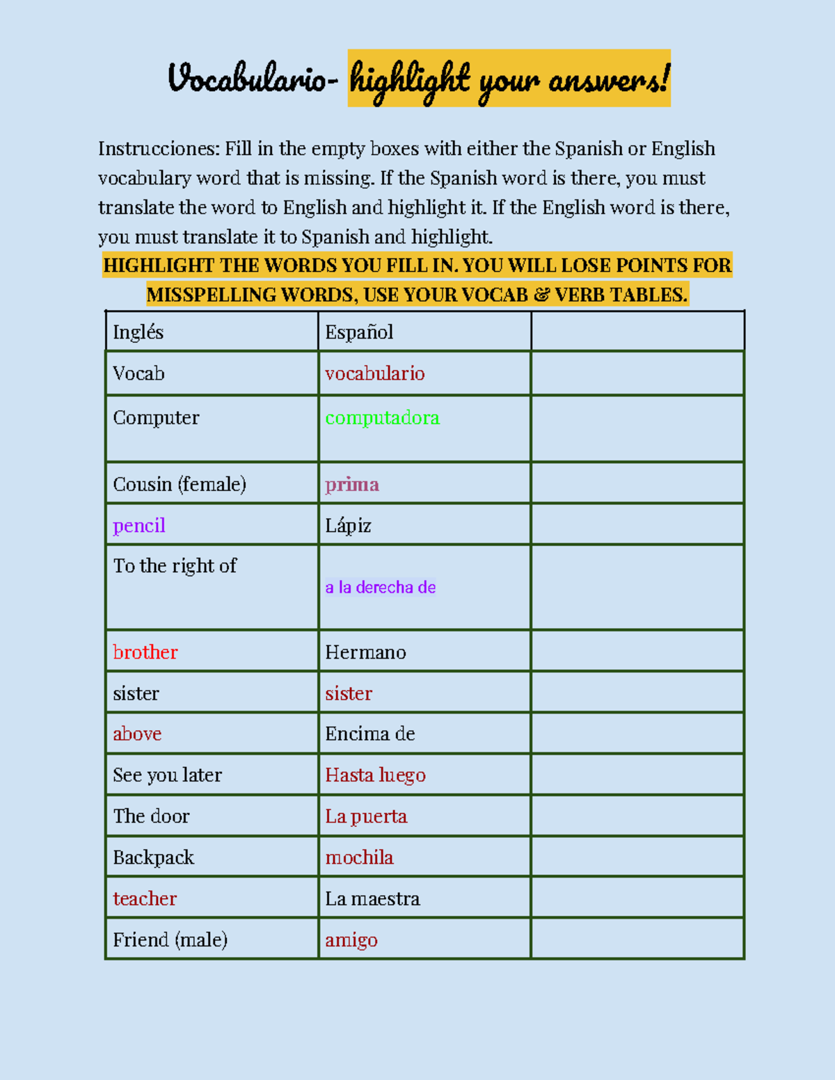 Copy of Vocabulario - hello - Vocabulario- highlight your answers ...
