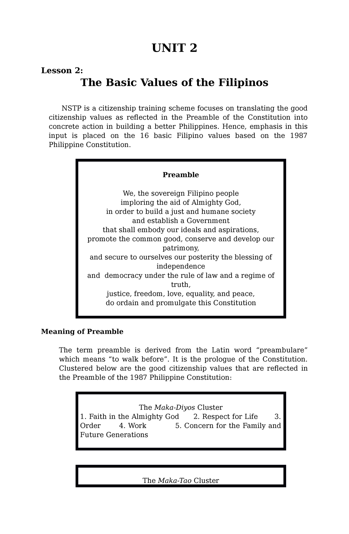 Unit 2 Lessson 2 - Cwts - UNIT 2 Lesson 2: The Basic Values Of The ...