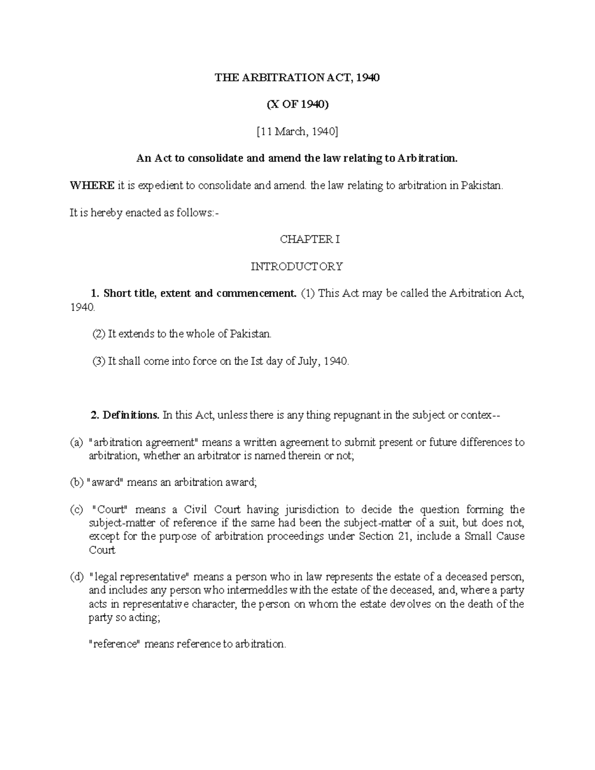 THE Arbitration ACT 1940 - THE ARBITRATION ACT, 1940 (X OF 1940) [11 ...