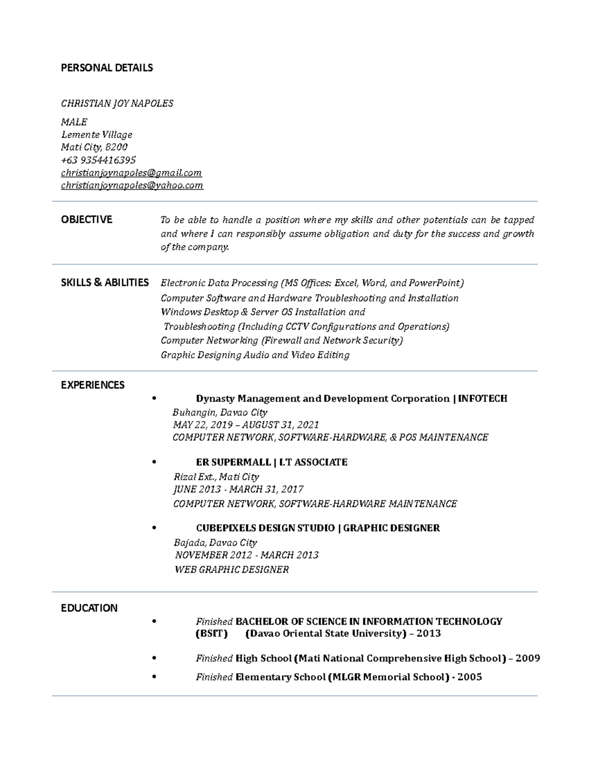 Resume Short - dfdfdd - PERSONAL DETAILS CHRISTIAN JOY NAPOLES MALE ...