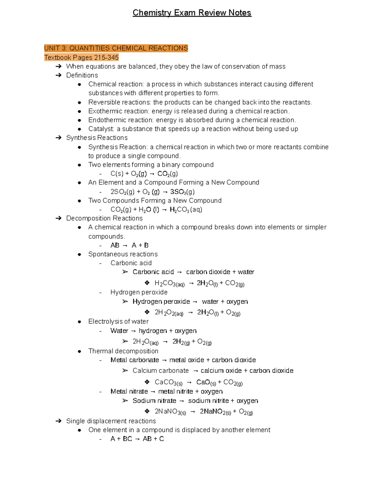 Chemistry Study Notes Unit 3 Chemistry Exam Review Notes UNIT 3 