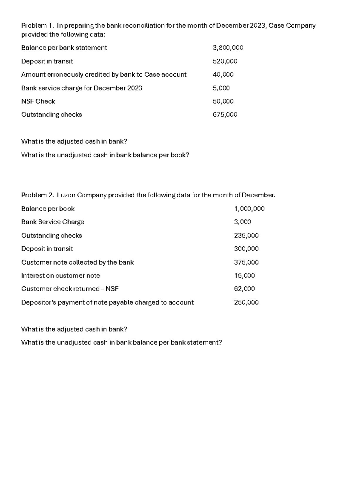 Exercises-Bank-Recon - Problem 1. In preparing the bank reconciliation ...