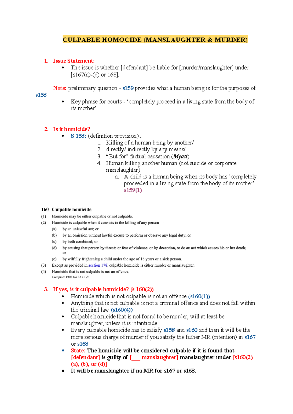 Culpable Homocide - Exam notes - CULPABLE HOMOCIDE (MANSLAUGHTER ...