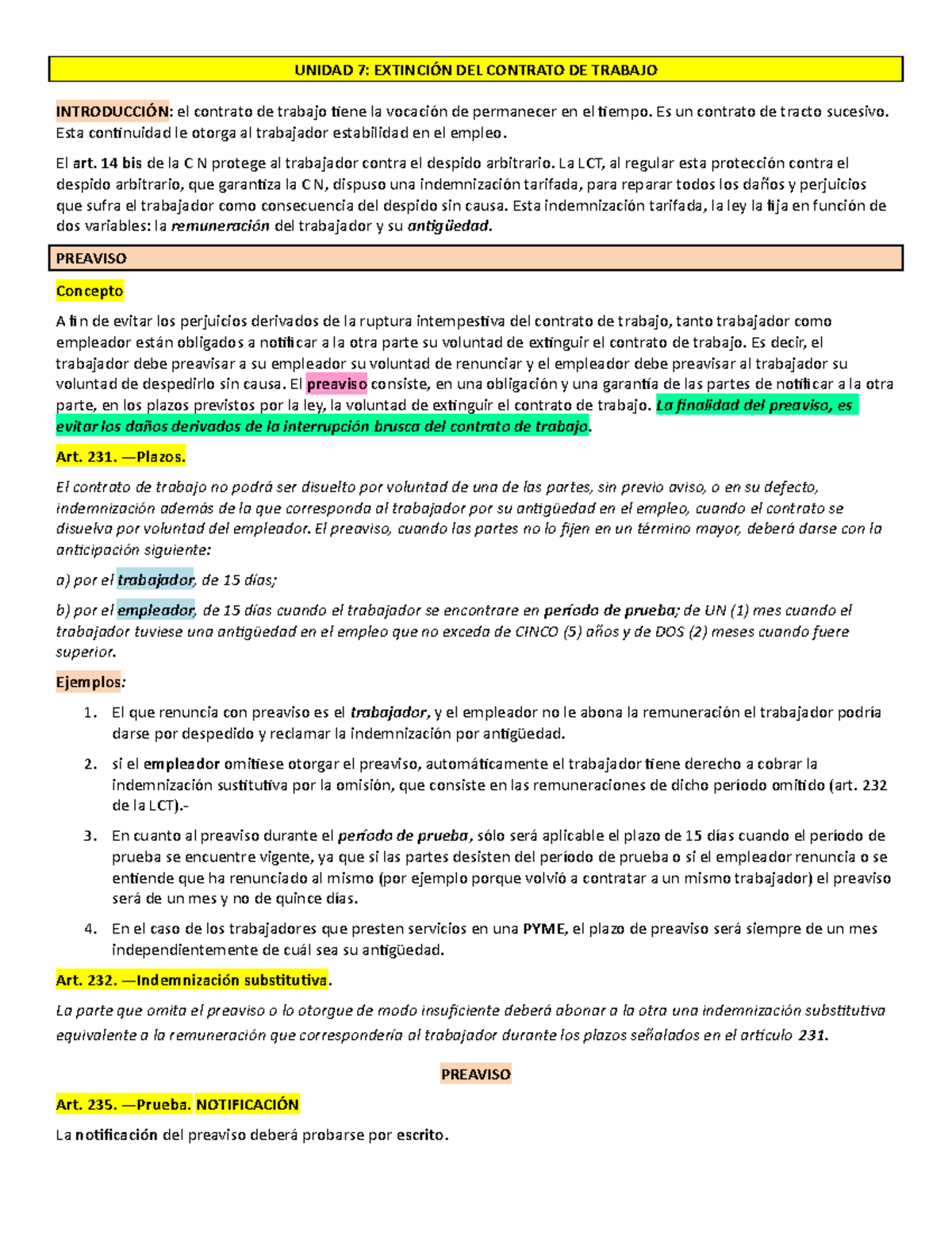 Unidad 7 - a) Extinción del contrato de trabajo. El preaviso; concepto ...
