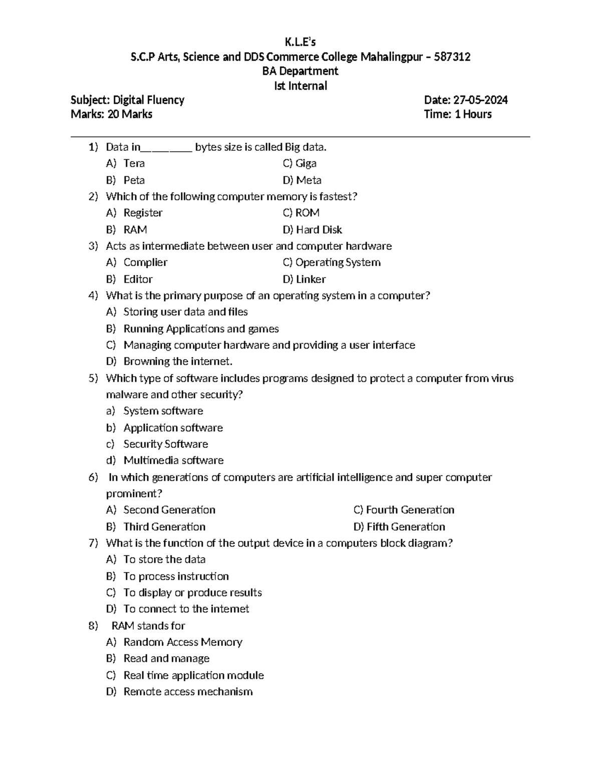 Bcom 1st Internal QpDigital fluency notes - K.L’s S.C Arts, Science and ...