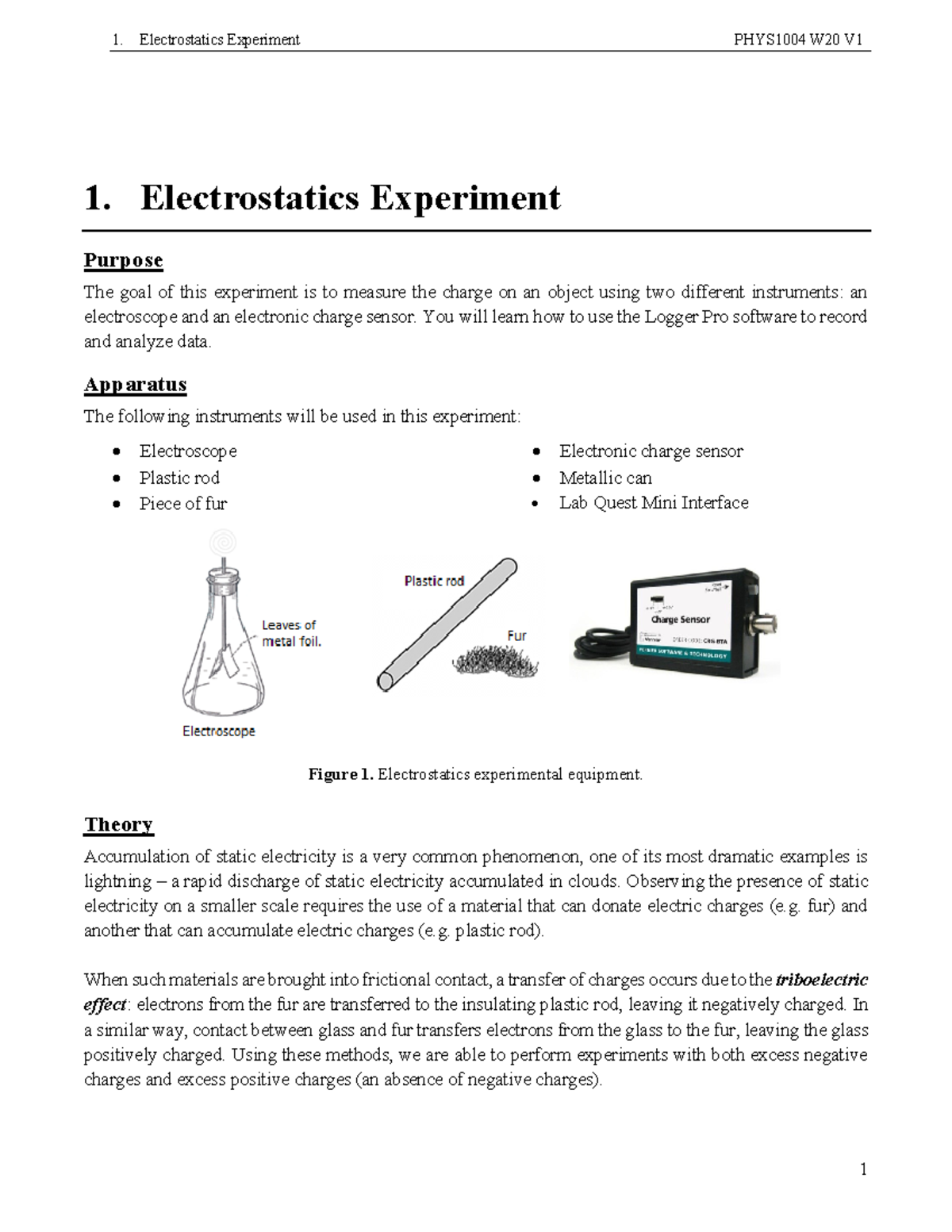 1. Electrostatics Experiment Manual - 1. Electrostatics Experiment Purpose  The goal of this - Studocu