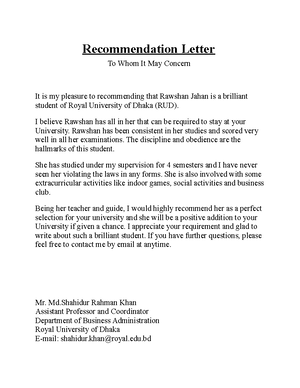 Recommendation letter - Recommendation Letter To Whom It May Concern It ...