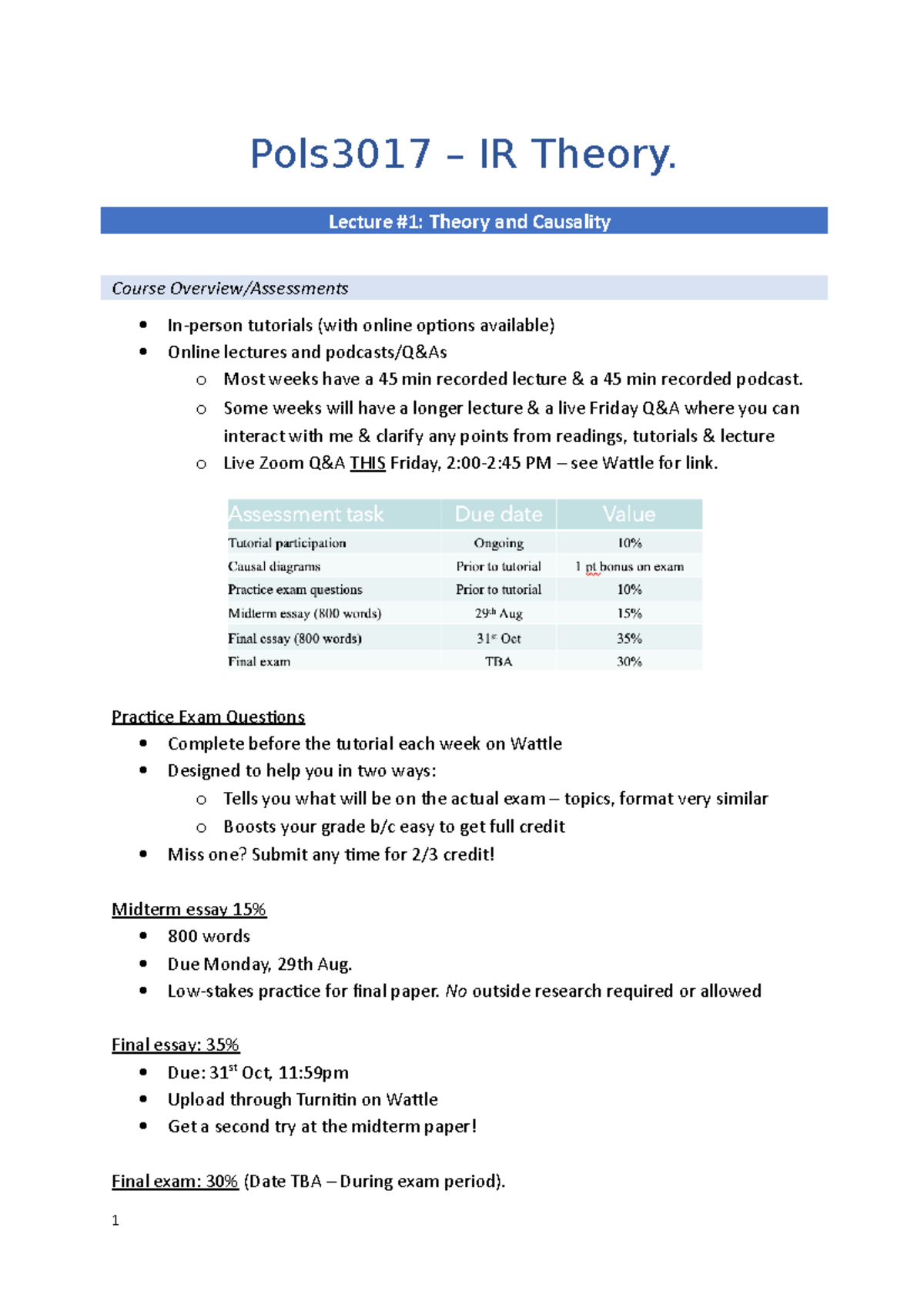 Pols3017 - Notes - Pols3017 – IR Theory. ####### Lecture #1: Theory and ...