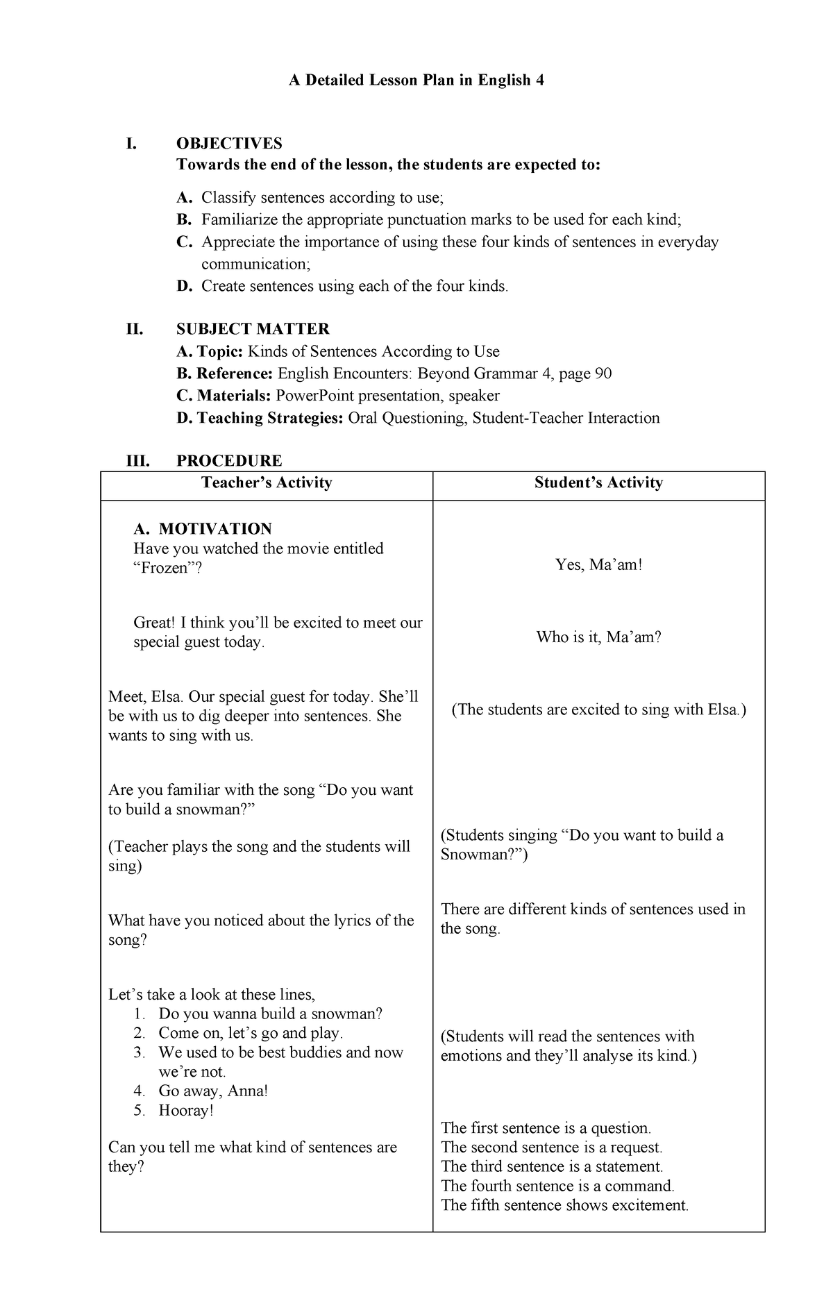 Detailed LP elem Kinds of sentences - A Detailed Lesson Plan in English ...