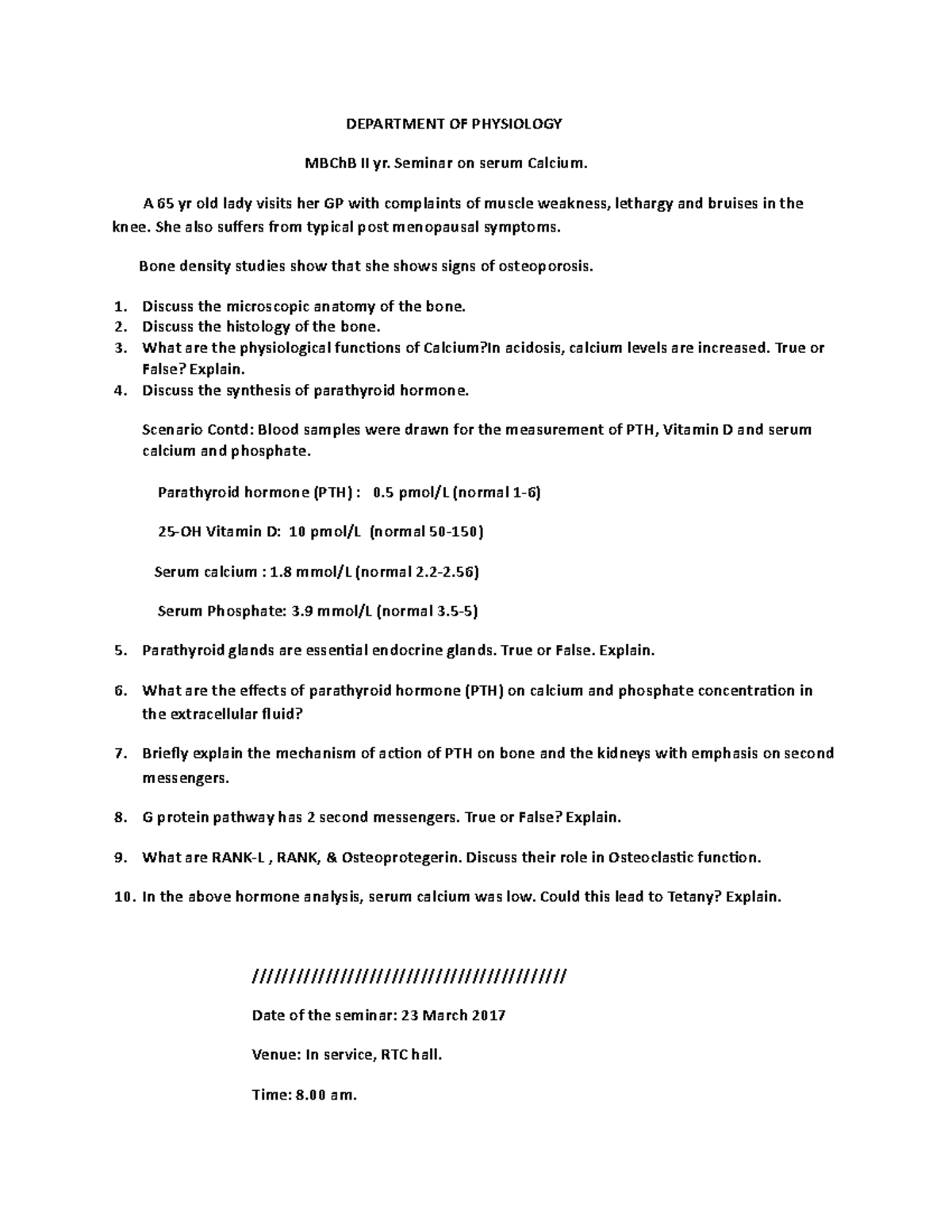 2017 MBII seminar calcium questions PTH DEPARTMENT OF PHYSIOLOGY