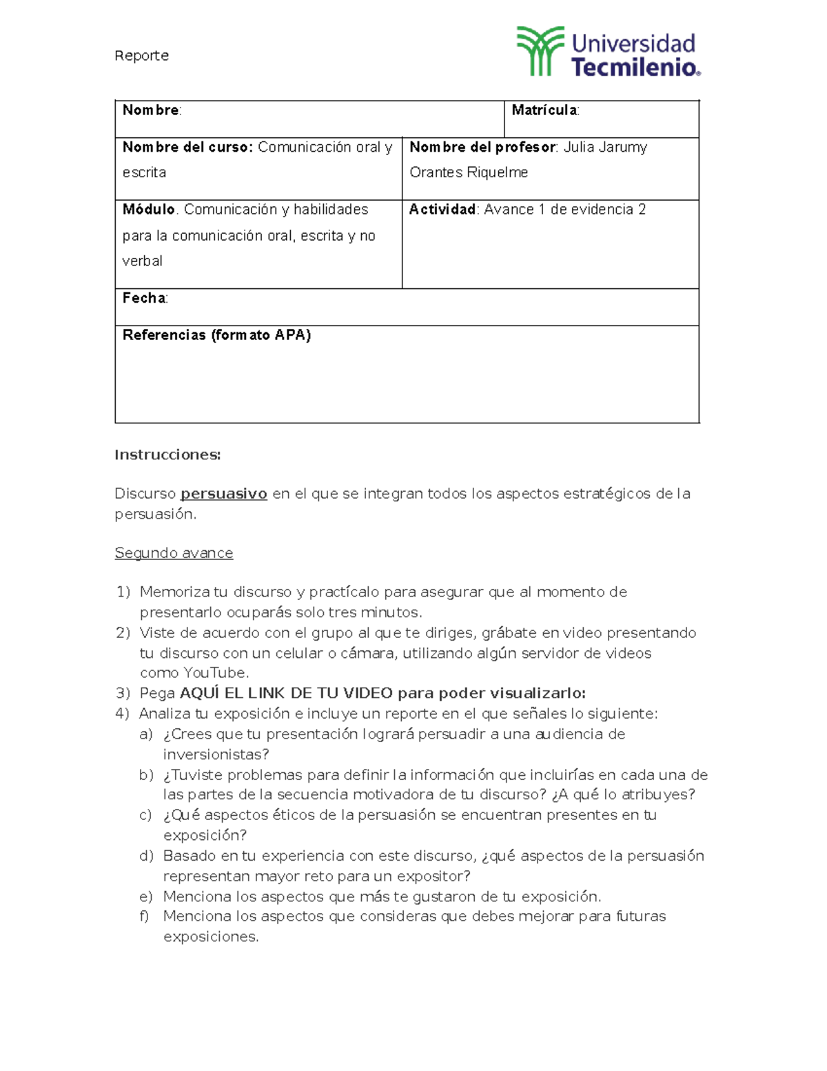 Act 4. Avance 2 - Reporte Nombre: Matrícula: Nombre del curso ...
