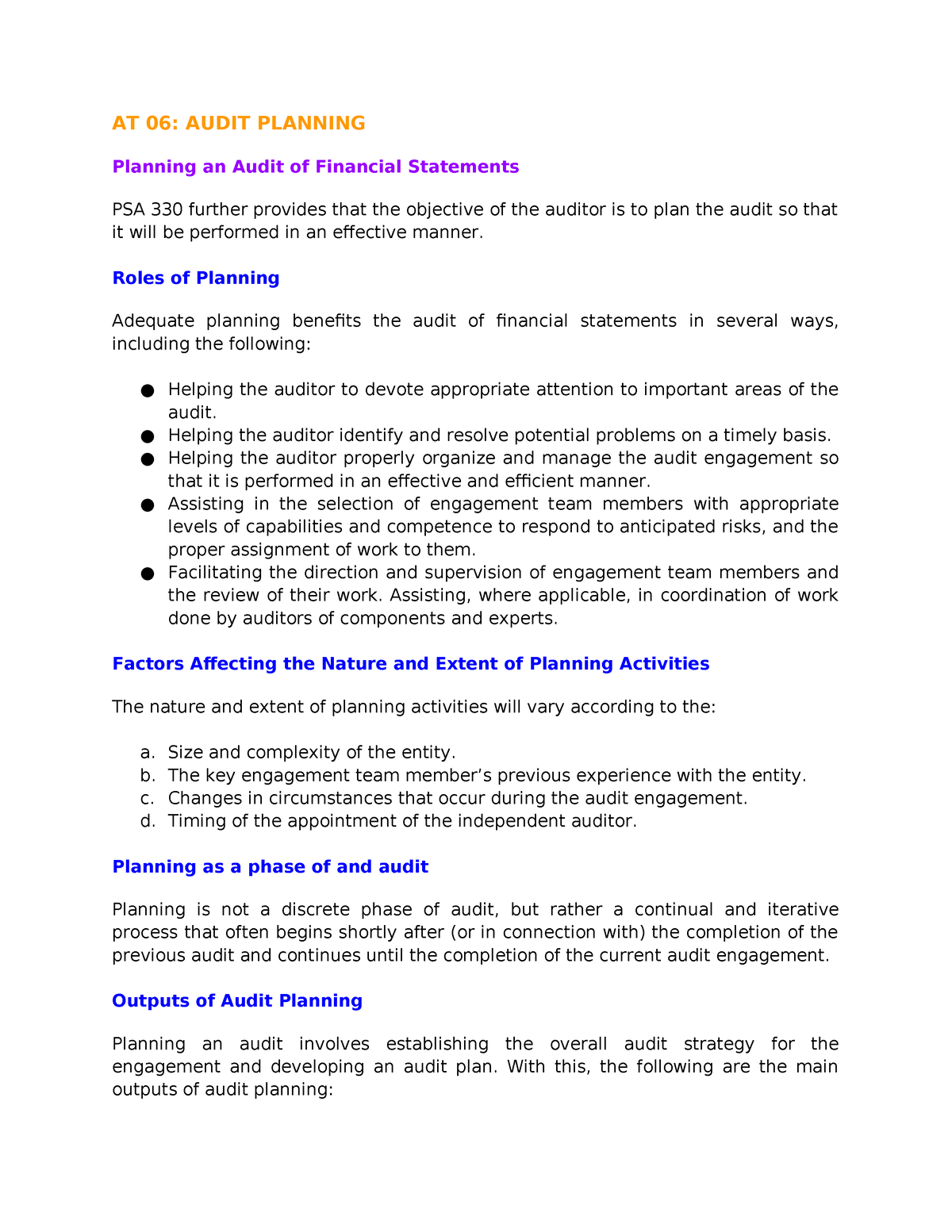 AT 06 Audit Planning - AT 06: AUDIT PLANNING Planning an Audit of ...