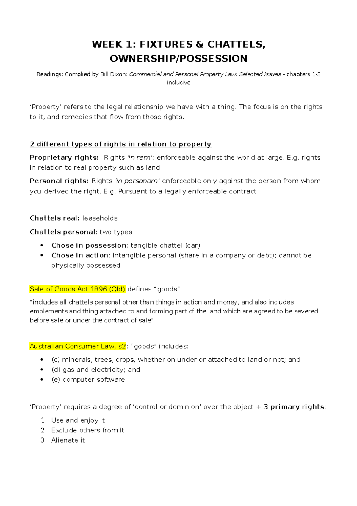 Personal & Property Law Extensive Notes WEEK 1 FIXTURES & CHATTELS