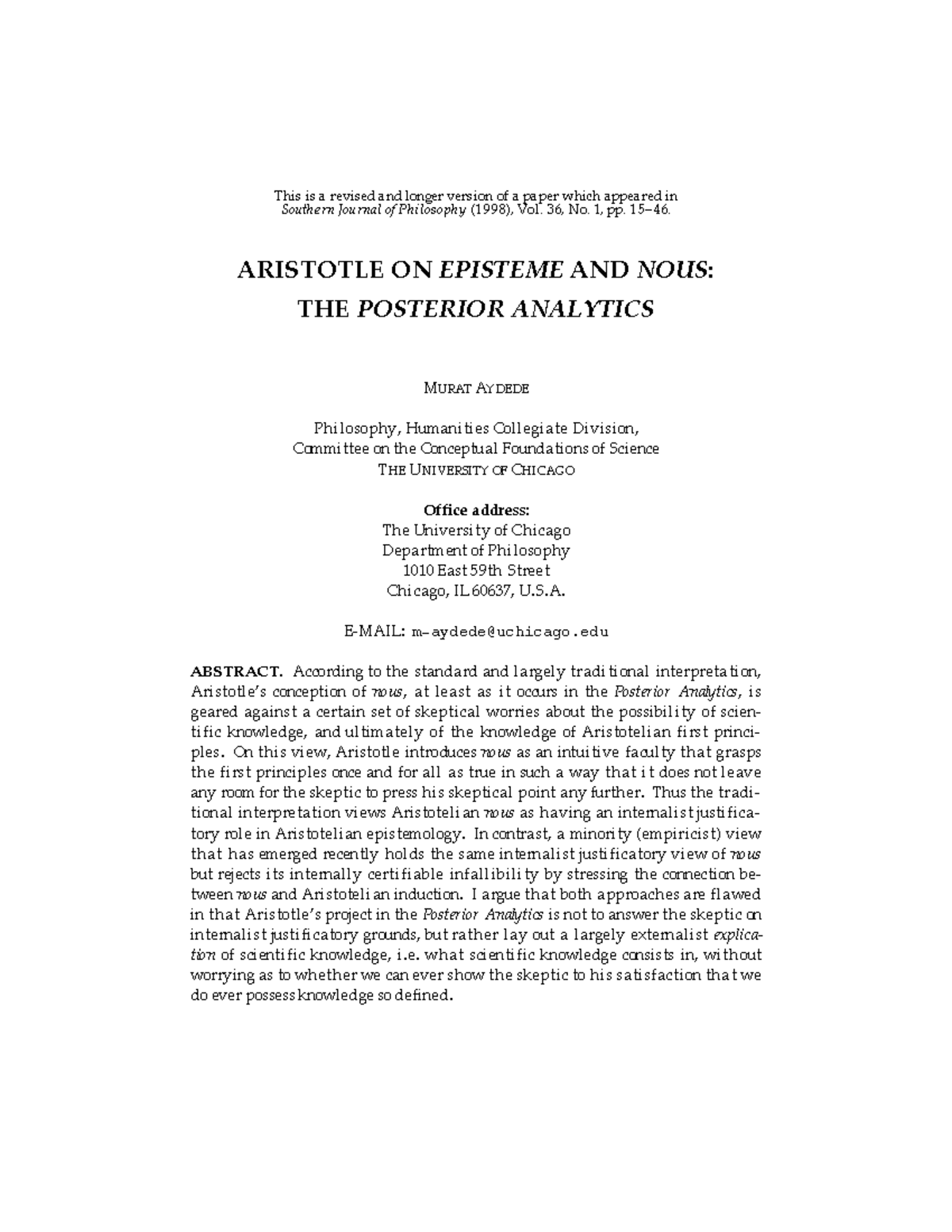 Aristotle's Epistemology - This is a revised and longer version of a ...