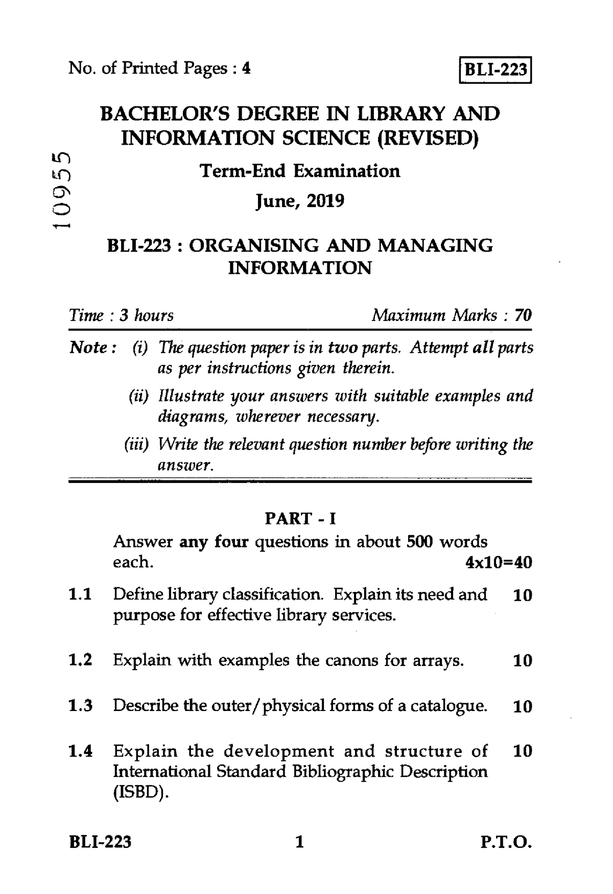 BLI223 B Lib I Sc Question Paper No. of Printed Pages 4 BLI