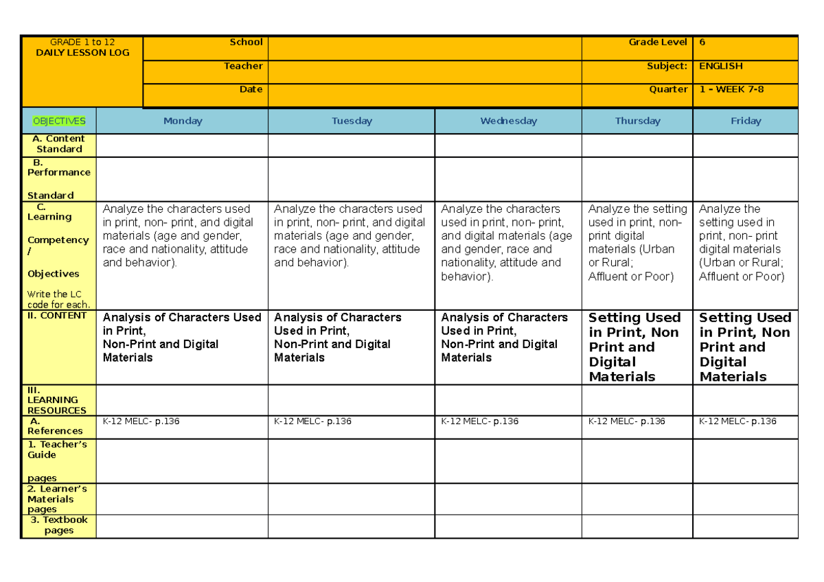 WEEK8-dll- English - Lesson Plan - GRADE 1 to 12 DAILY LESSON LOG ...