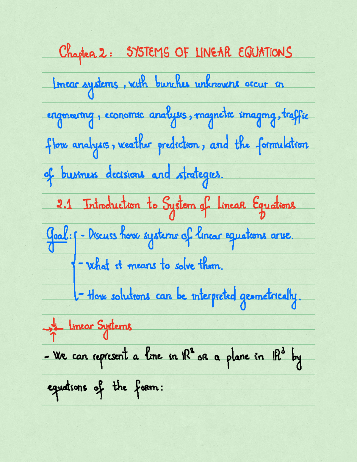 Section 2 - notes - Chapter2 SYSTEMS OF LINEAR EQUATIONS Linearsystems ...