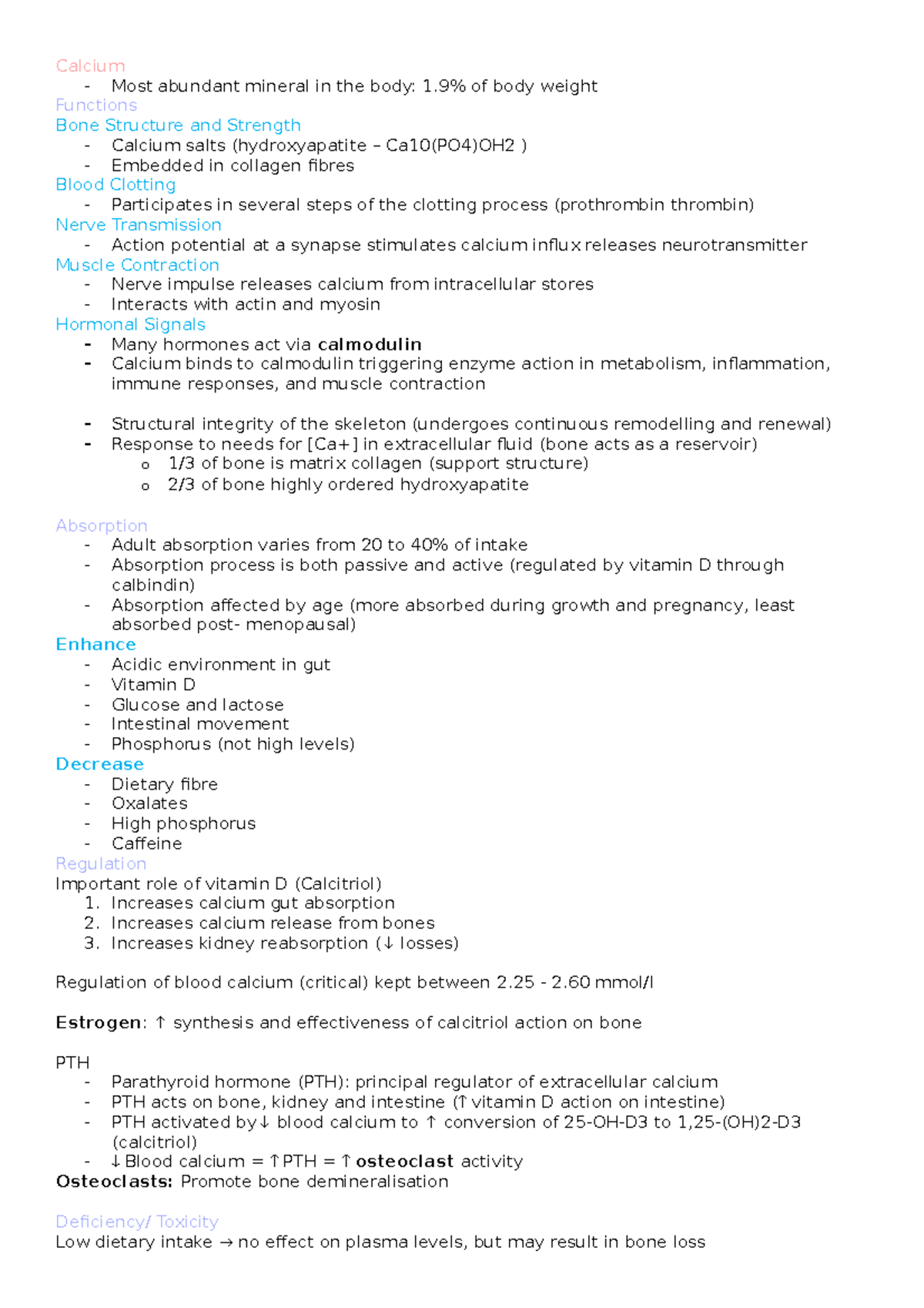 9- The Key Minerals - Lecture notes 9 - Calcium - Most abundant mineral ...