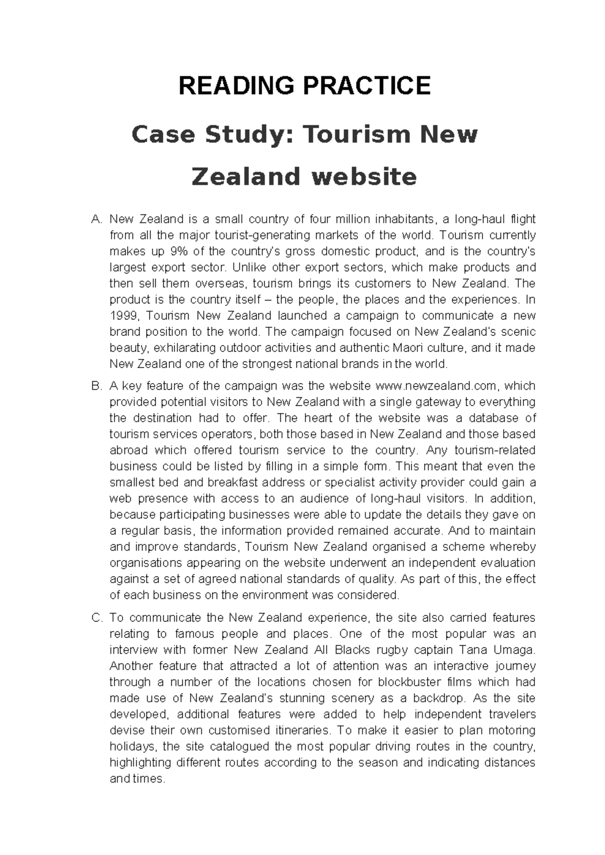 the case study tourism new zealand website