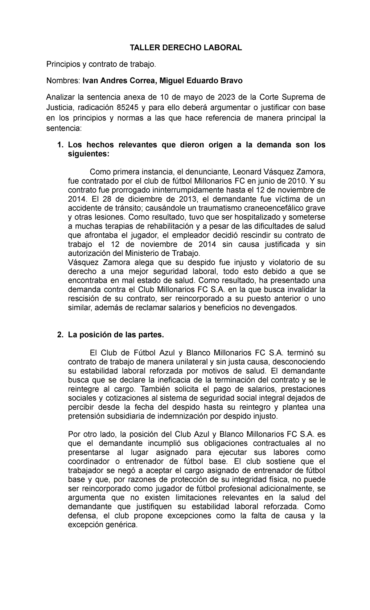 Taller sentencia derecho laboral - TALLER DERECHO LABORAL Principios y