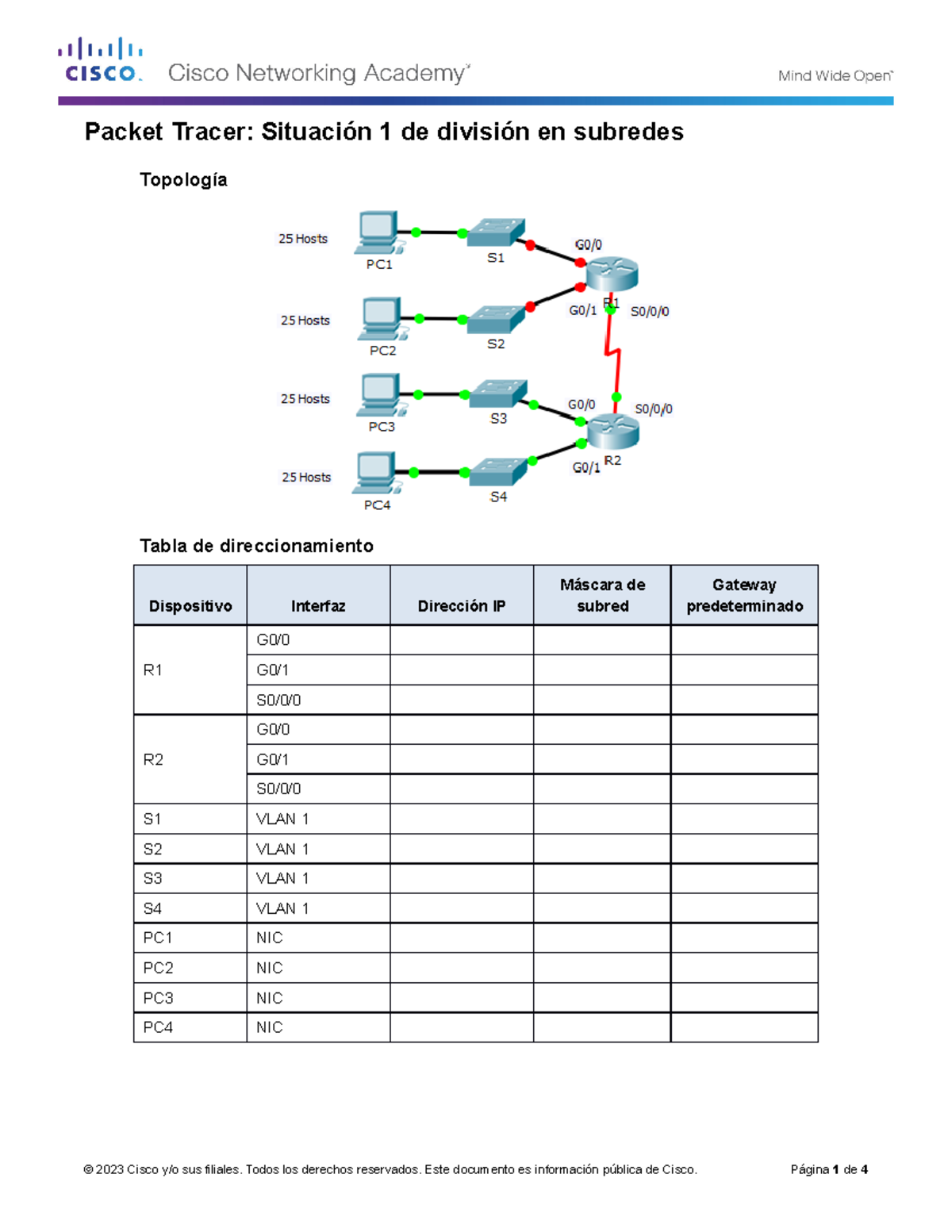 8.1.4.7 Packet Tracer - Subnetting Scenario 1 - Topología Tabla de ...