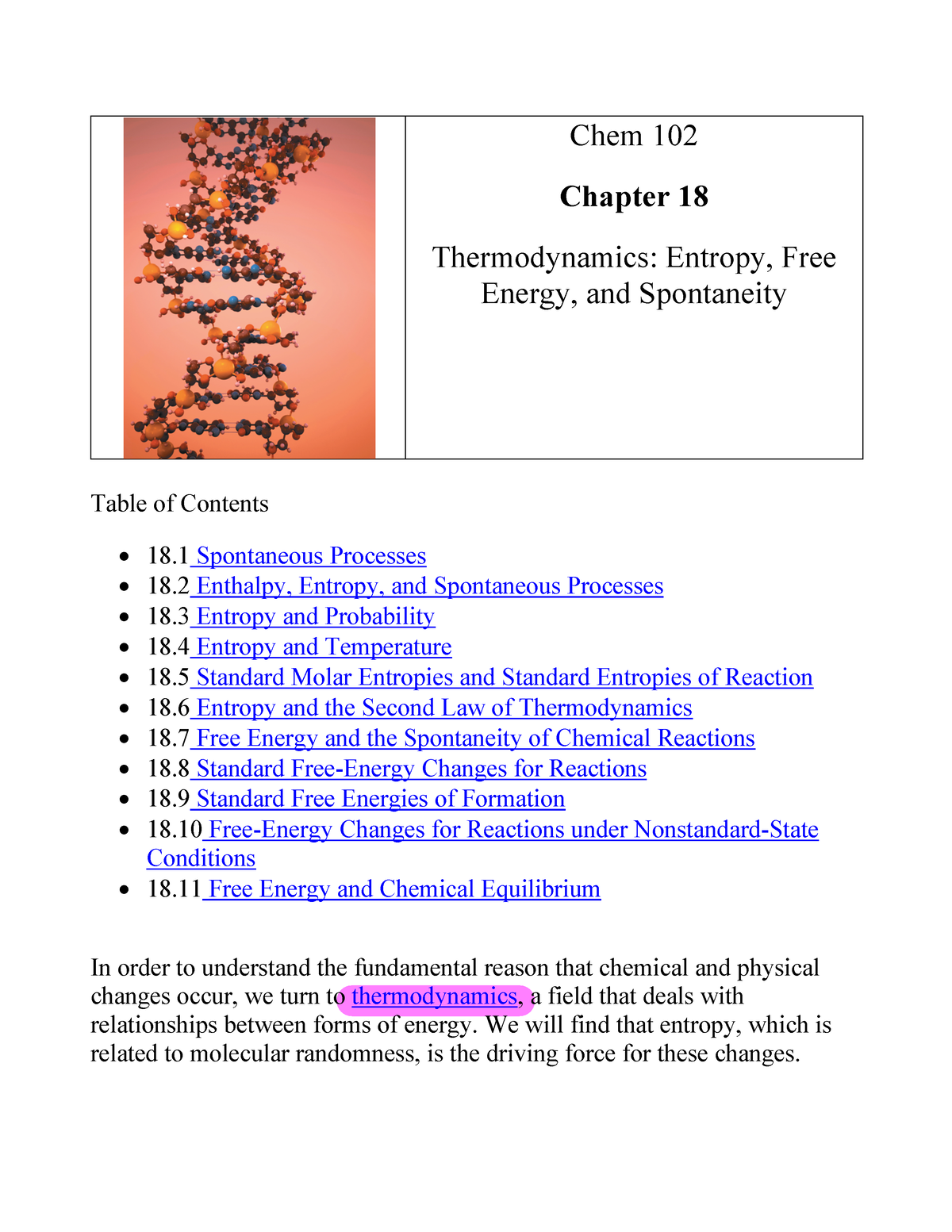 C102 Spr2023 Ch18 Notes Filled Chem 102 Chapter 18 Thermodynamics Entropy Free Energy And 4214