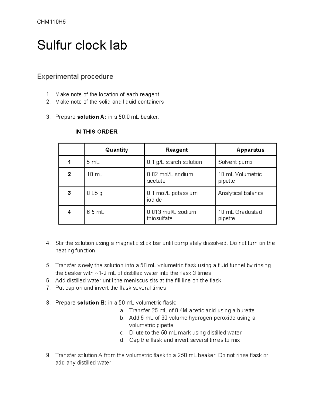 Chem prelab sulfur clock CHM110H Sulfur clock lab Experimental
